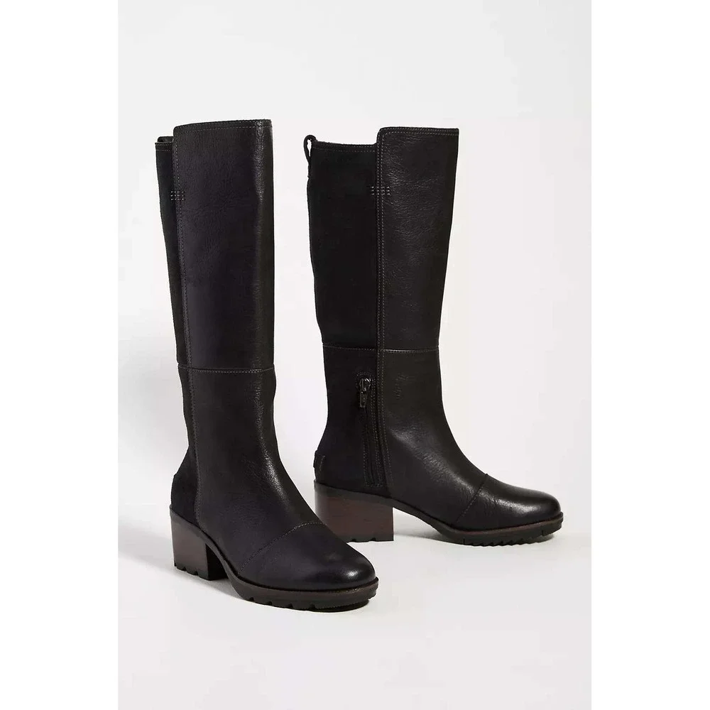 Sorel Cate Tall Boot Womens 9.5 Black Leather Suede Riding Waterproof Block Heel